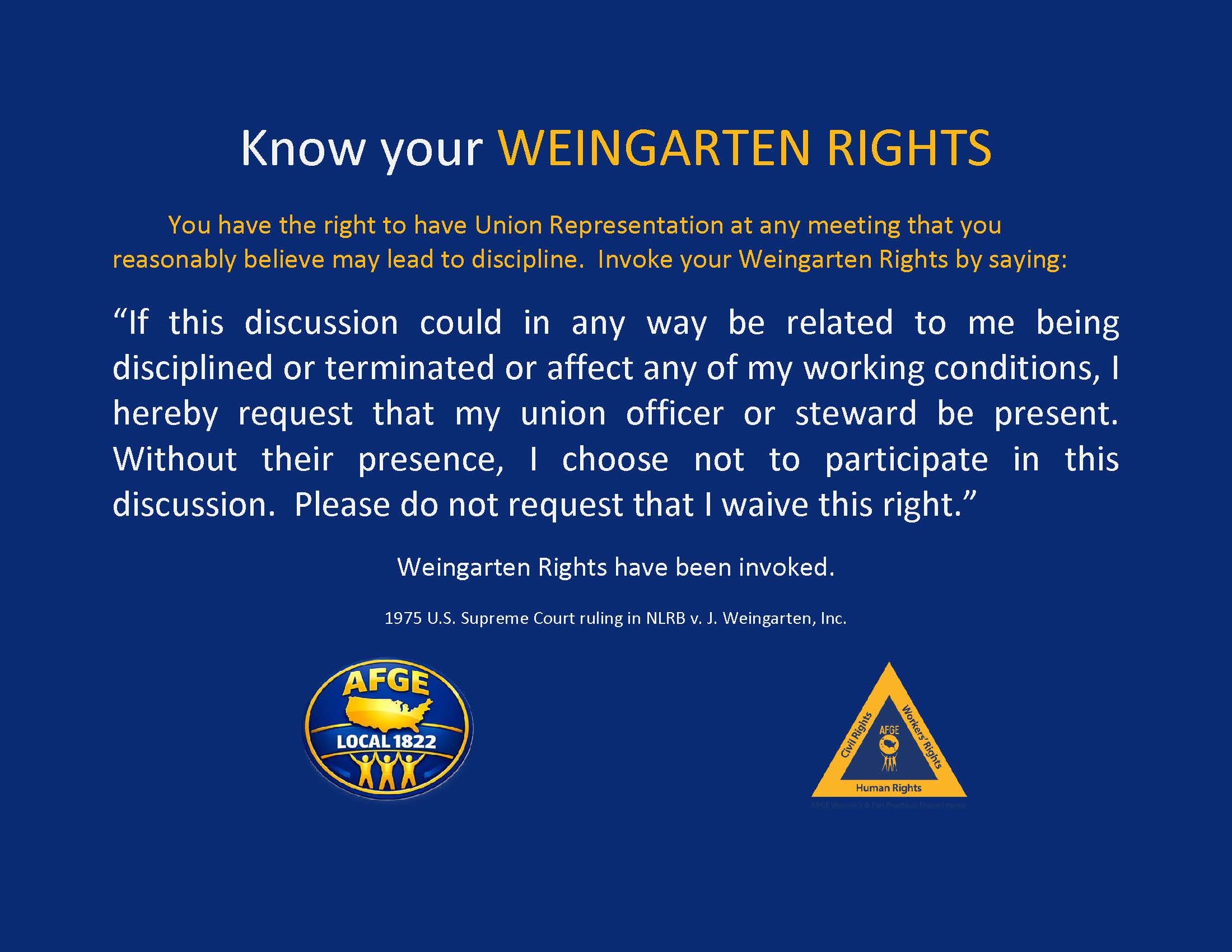 Weingarten Rights quick-reference card — your right to union representation during investigatory interviews